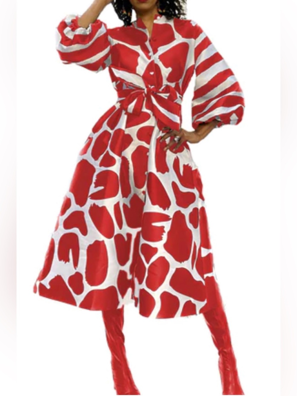 Mixed Emotions Red & White Abstract Print Balloon Sleeve Belted Midi Dress L